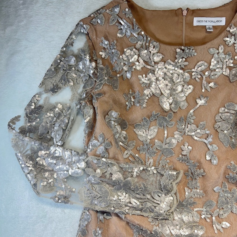 Glam Dress The Population Sequin Floral Mini Dress L Nude Gold Silver Cocktail - Picture 3 of 10
